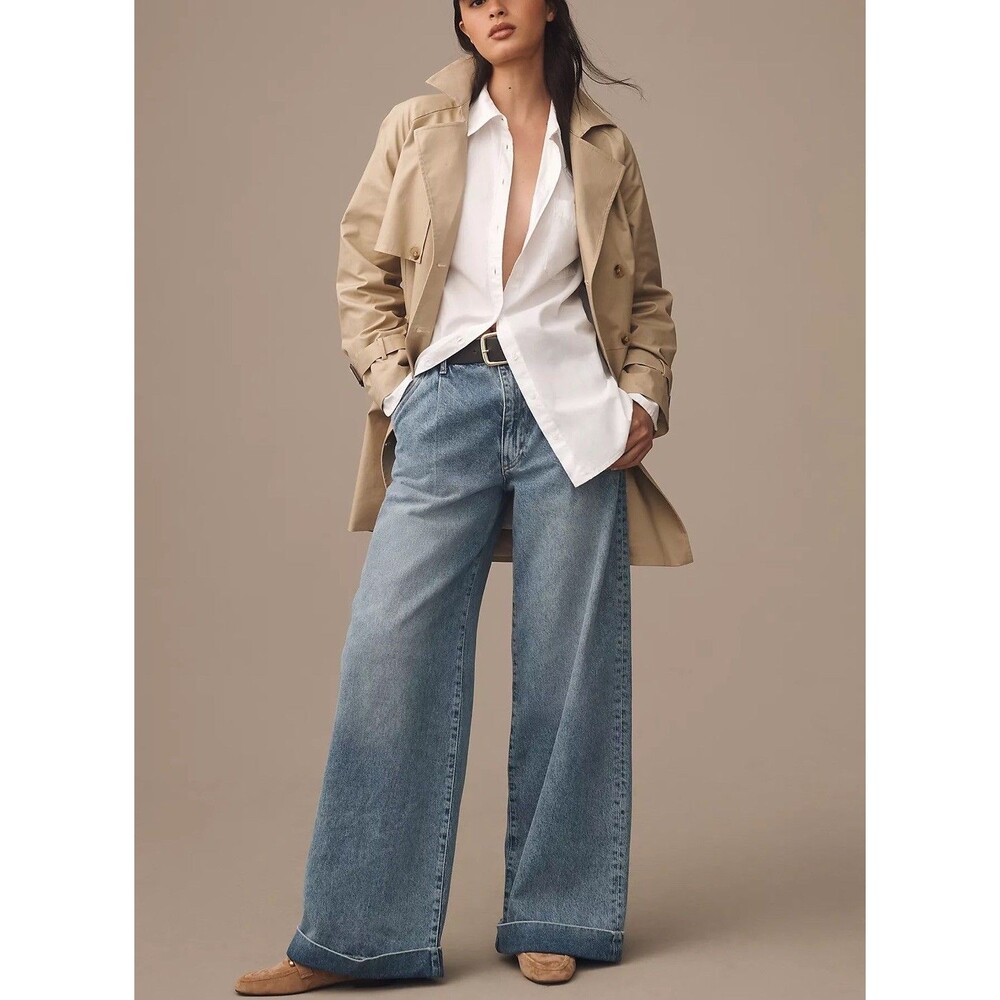 Anthropologie Pilcro High Rise Pleated Wide Leg Cuff Trouser Jeans Blue Size 31 - Picture 5 of 12